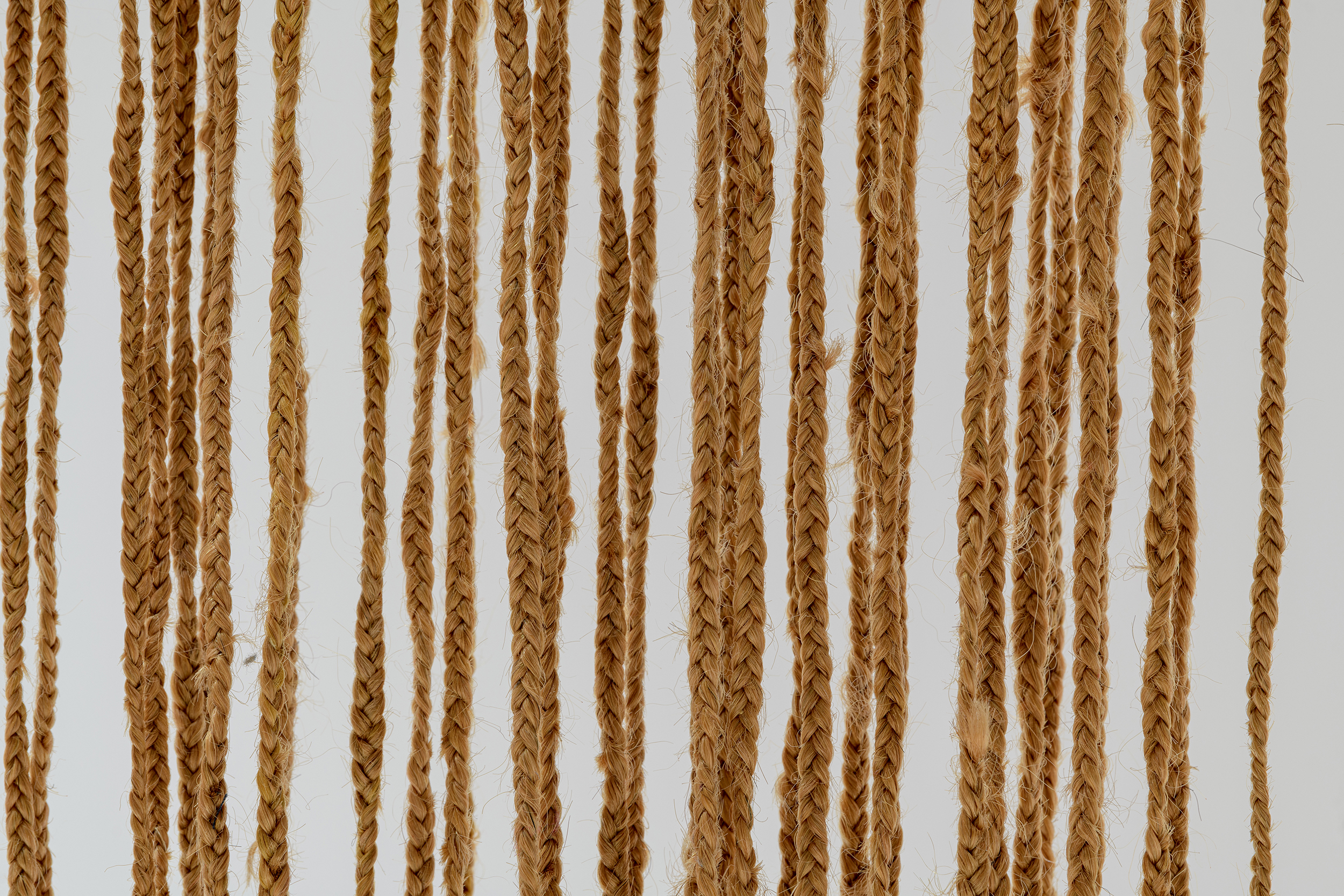 Close up of more than 20 braided strands of brown hair