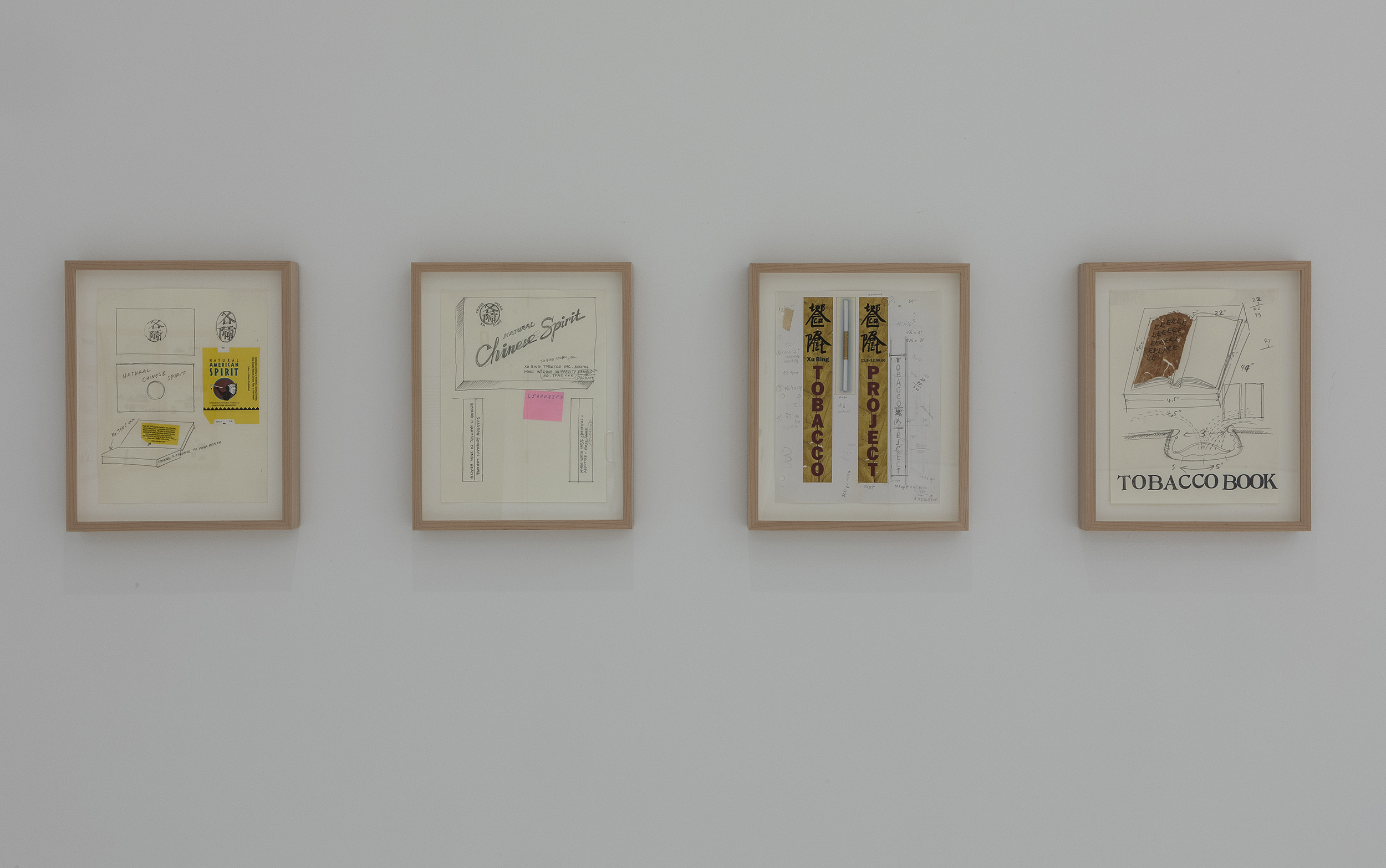 Left to right: Xu Bing, Study for Chinese Spirit I;Study for Chinese Spirit II; Study for Tobacco Project; and Study for Tobacco Book, 1999–2000