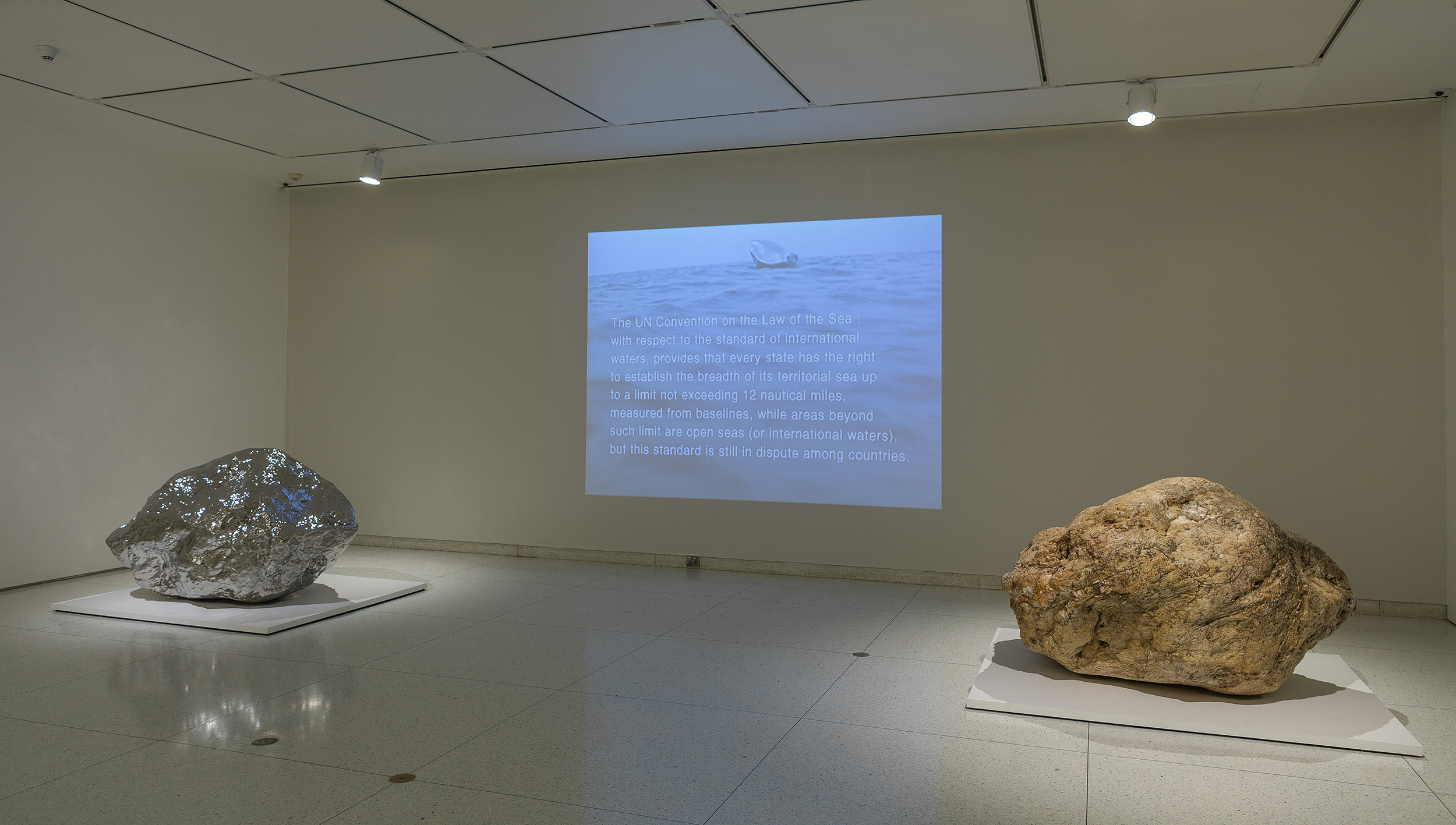 Zhan Wang, Gold Mountain, 2007, and Beyond 12 Nautical Miles—Floating Rock Drifts on the Open Sea, 2000